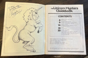 The Unicorn Hunters Guidebook - 1981 - table of contents (autographed edition)